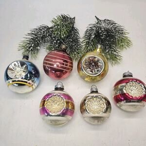 6 Vintage Double Indent Christmas Tree Round Ornaments Shiny Brite Mercury Glass